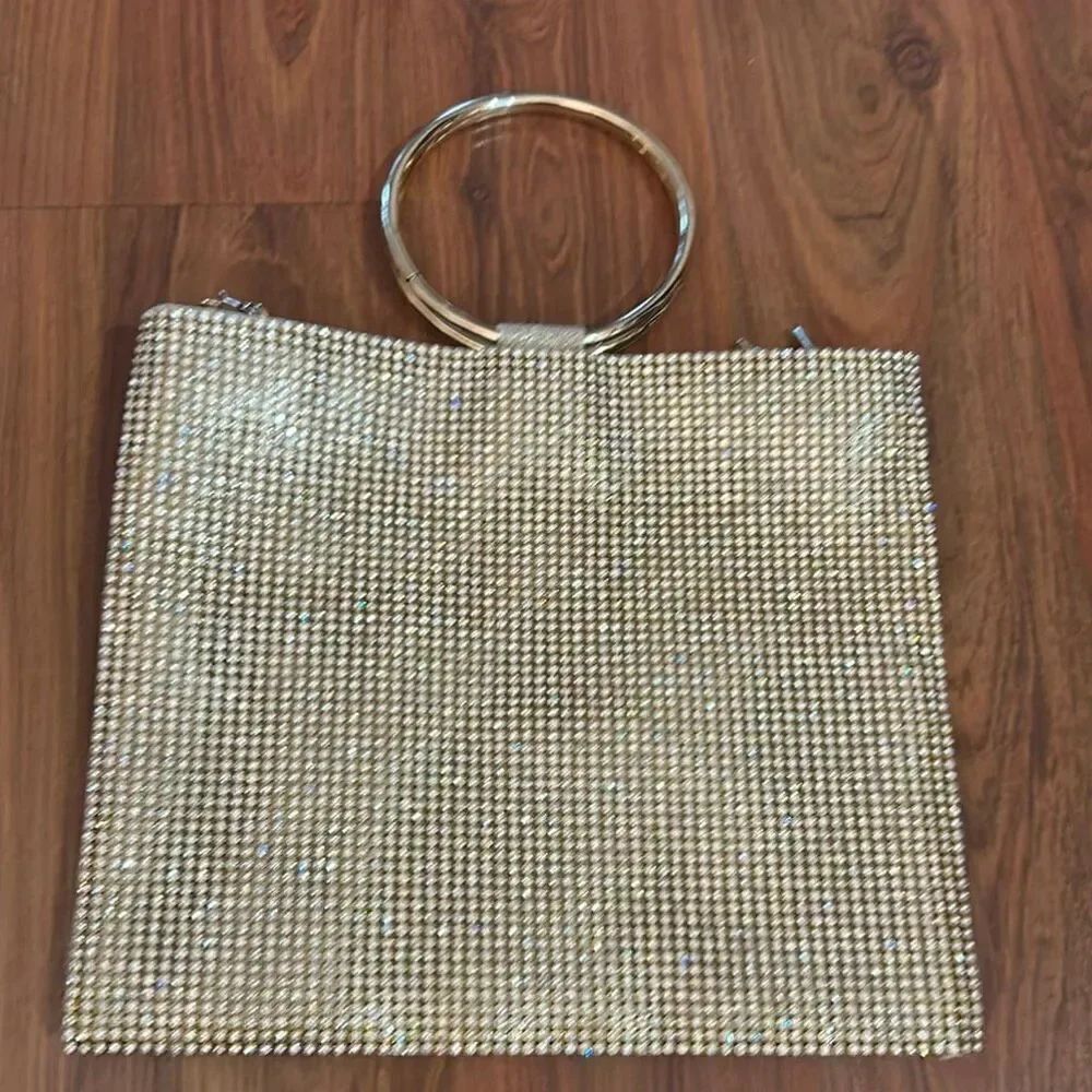 NEW N by Nina gold rhinestone dressy evening bag with bangle handles and chain s